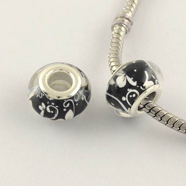 

PandaHall Large Hole Flower Pattern Resin European Beads, with Silver Color Plated Brass Double Cores, Rondelle, Black, 14x9mm, Hole: 5mm...