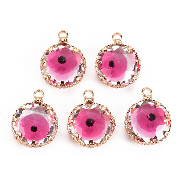 

PandaHall Transparent Glass Pendants, with Brass Prong Settings, Faceted, Flat Round with Evil Eye, Light Gold, Hot Pink, 17x13x6mm, Hole...
