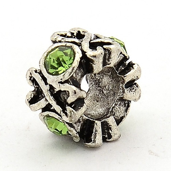 

PandaHall Vintage Alloy Rhinestone European Beads, Large Hole Rondelle Beads, Antique Silver, Peridot, 10.5x6.5mm, Hole: 6mm..., Green
