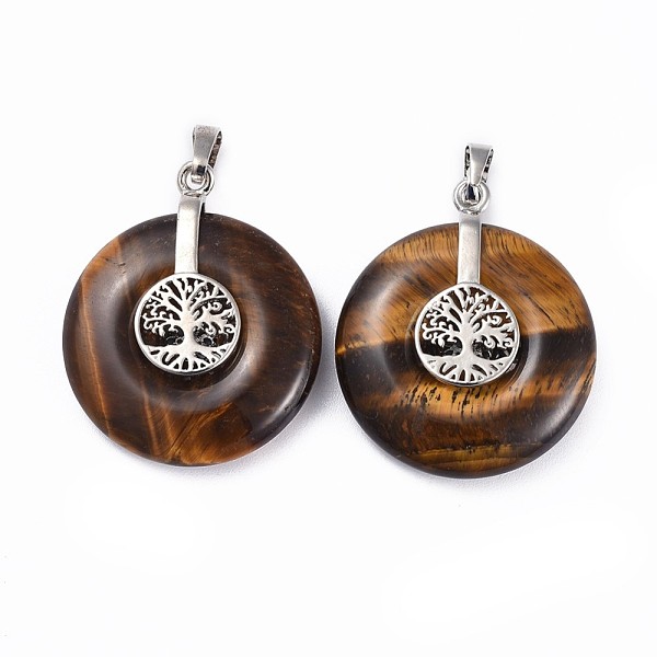 

PandaHall Natural Tiger Eye Pendants, with Platinum Tone Brass Findings, Donut/Pi Disc with Tree of Life, 35.5x30x8.5~9.5mm, Hole: 4.5x6.5mm..., Brown