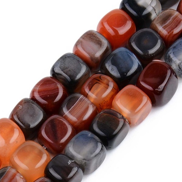 

PandaHall Natural Agate Beads Strands, Dyed, Cube, 7x7x7mm, Hole: 1mm, about 30pcs/strand, 14.17 inch(36cm) Banded Agate Cube