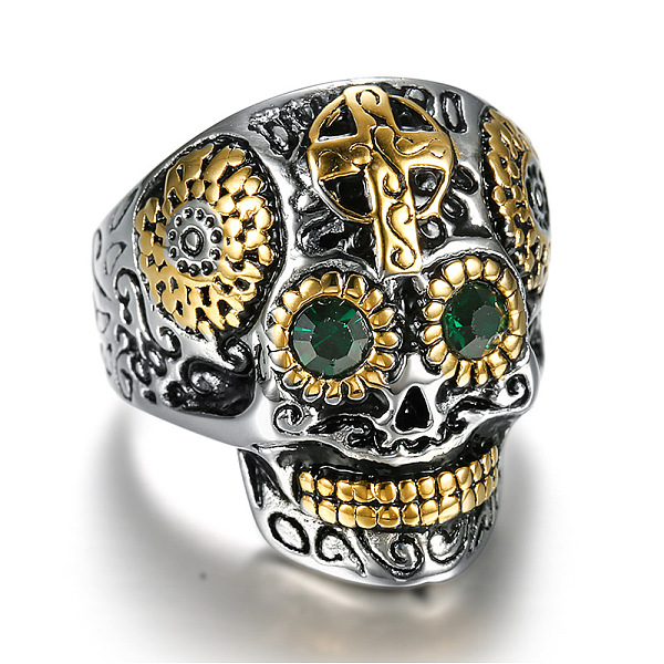 

PandaHall Two Tone 316 Surgical Stainless Steel Skull with Cross Finger Ring, Emerald Rhinestone Gothic Punk Jewelry for Men Women, Golden &..., Green