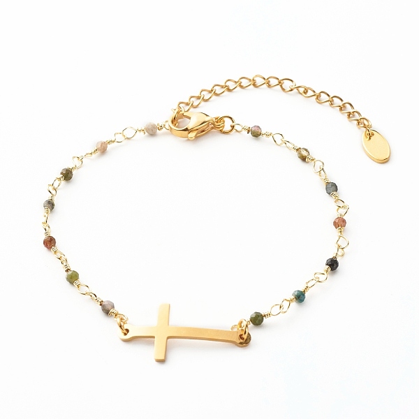 

PandaHall Cross Link Bracelet, Natural Tourmaline Beads Bracelet for Girl Women, Golden, 7-1/4 inch(18.5cm) Tourmaline