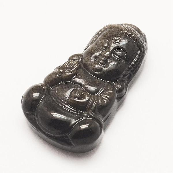 

PandaHall Natural Golden Sheen Obsidian Pendants, Buddha, 34x19~20x9mm, Hole: 2mm Obsidian Human Black