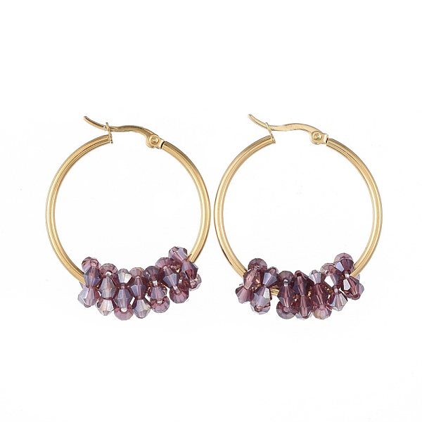 

PandaHall 304 Stainless Steel Hoop Earrings, with Faceted Glass Beads, Golden, Purple, 12 Gauge, 42x33x2mm, Pin: 0.8x1.2mm Glass Purple