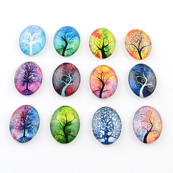 

PandaHall Tree Pattern Glass Oval Flatback Cabochons for DIY Projects, Mixed Color, 30x20x6mm Glass Oval Multicolor