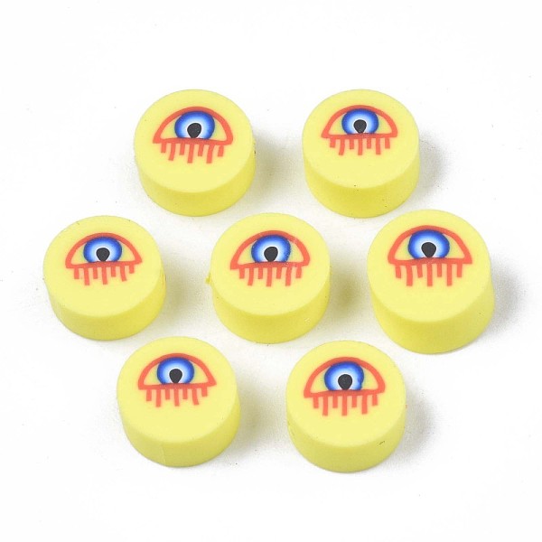 

PandaHall Handmade Polymer Clay Beads, Flat Round with Evil Eye, Yellow, 9.5~10x4.5mm, Hole: 1.6mm Polymer Clay Evil Eye Yellow