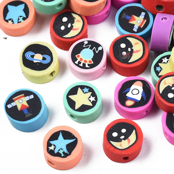 

PandaHall Handmade Polymer Clay Beads, Flat Round with Space Theme Pattern, Mixed Color, 9~10x4~5mm, Hole: 1.6mm Polymer Clay Flat Round..., Multicolor