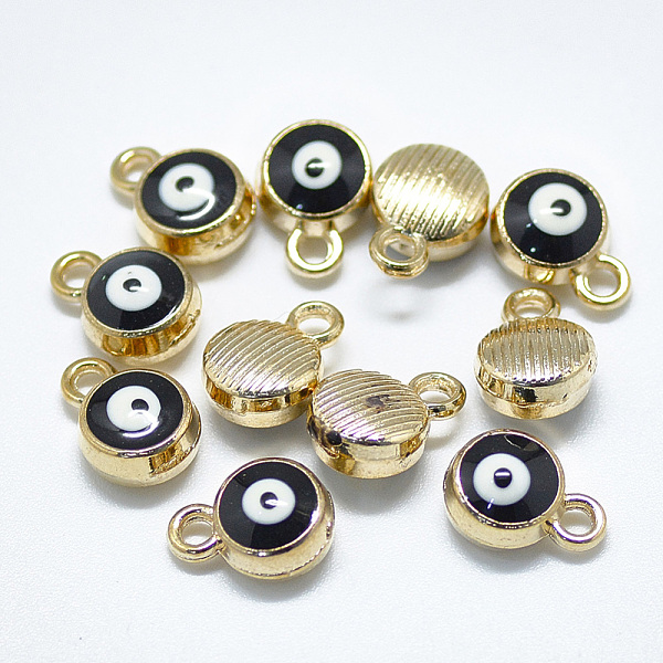 

PandaHall Light Gold Plated Alloy Charms, with Enamel, Flat Round with Evil Eye, Black, 10x7x4.5mm, Hole: 1.5mm Alloy+Enamel Evil Eye Black