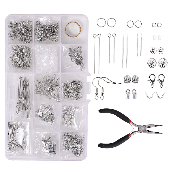 

PandaHall DIY Jewelry Finding Kits, with Iron Head Pins & Eye Pins & Folding Crimp Ends & Ribbon Ends & Earring Hooks & Bead Caps & Bead...