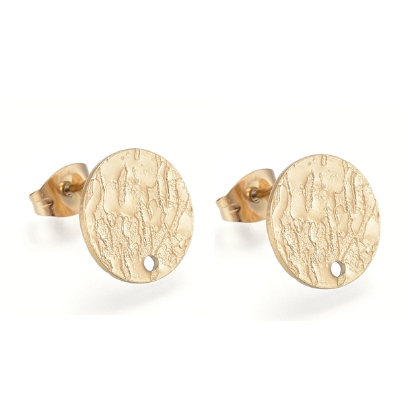

PandaHall Ion Plating(IP) 304 Stainless Steel Stud Earring Findings, with Earring Backs & Loop, Textured, Flat Round, Golden, 12x1mm, Hole...