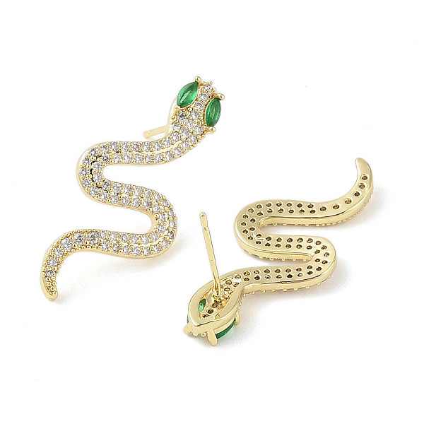 Snake Brass Pave Clear & Green Cubic Zirconia Stud Earrings For Women