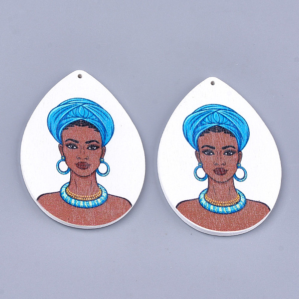 

PandaHall Printed Wooden Big Pendants, Dyed, Teardrop with Woman, Colorful, 64.5x46x2.5mm, Hole: 1.2mm Wood Teardrop