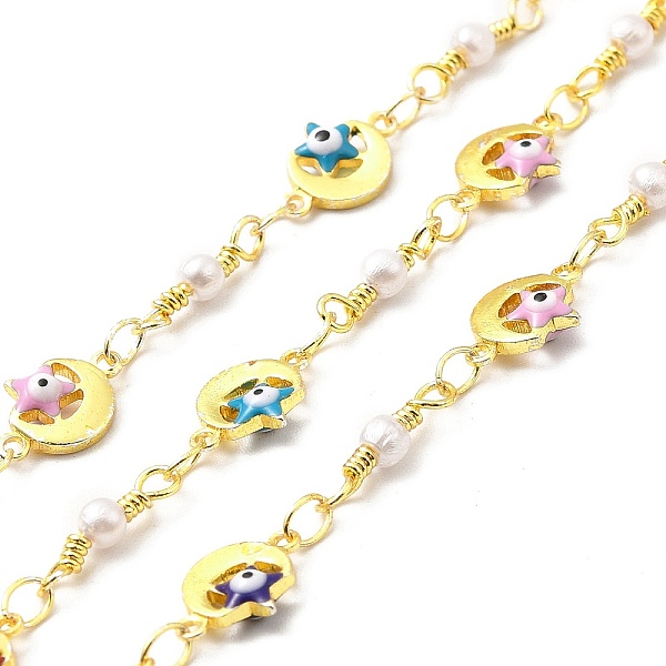 

PandaHall Handmade Brass Enamel Moon & Star with Evil Eye Link Chain, with Glass Pearl, Soldered, with Spool, Cadmium Free & Lead Free, Real..., Multicolor