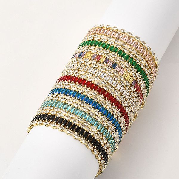 

PandaHall Cubic Zirconia Rectangle Link Chains Triple Layer Multi-strand Bracelet, Real 18K Gold Plated Brass Jewelry for Women, Cadmium..., Multicolor