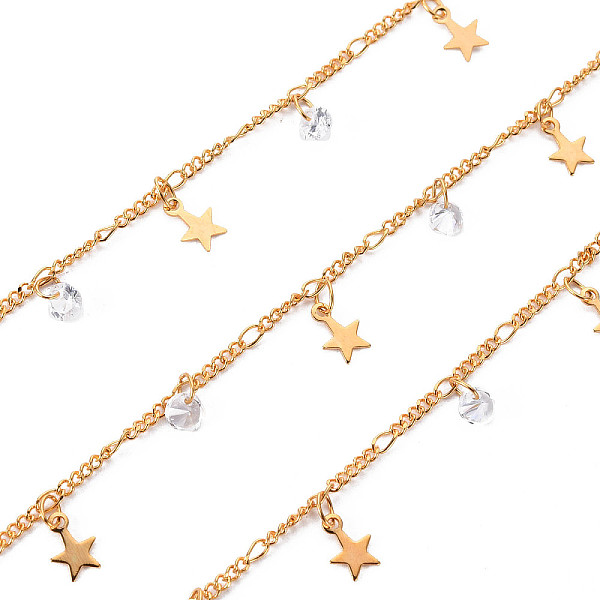 

PandaHall Handmade Brass Curb Chains, with Cubic Zirconia charms, Soldered, Spool, Star, Real 18K Gold Plated, 3.3x1.5x0.3mm and 2x1.4x0.3mm..., Clear
