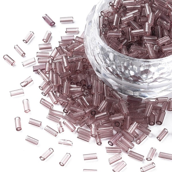 

PandaHall Transparent Glass Bugle Beads, Round Hole, Rosy Brown, 3~8x2mm, Hole: 0.7mm, about 450g/pound Glass