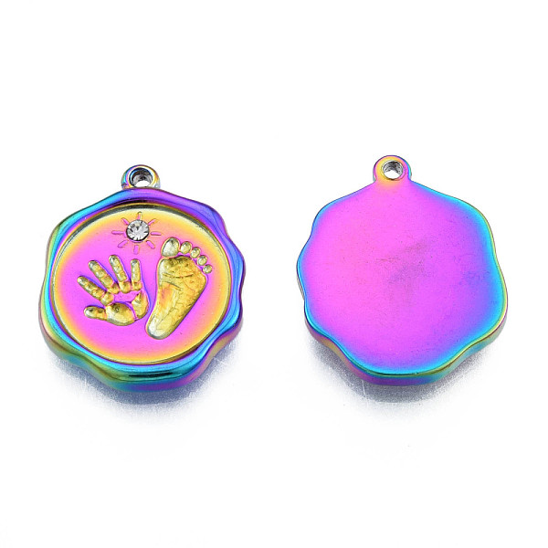 

PandaHall 304 Stainless Steel Pendants, with Crystal Rhinestone, Nuggets with Fingerprint & Footprints, Rainbow Color, 19.5x15.5x2.5mm, Hole..., Clear