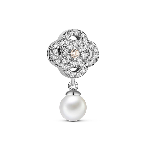 TINYSAND Rhodium Plated 925 Sterling Silver Charm Flower With Acrylic Pearl & Cubic Zirconia Pendant