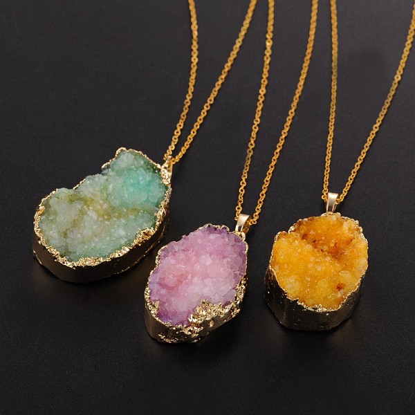 

PandaHall Vogue Design Brass Natural Druzy Agate Pendant Necklaces, with Brass Chains and Spring Ring Clasps, Mixed Color, 18 inch Natural..., Multicolor