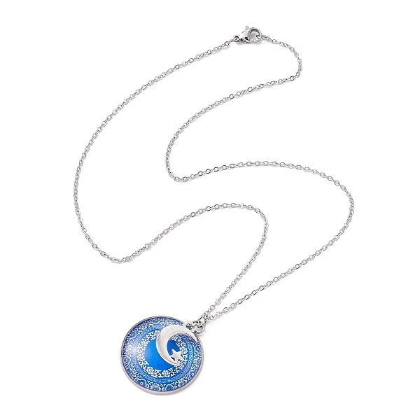 Collier Pendentif Rond Plat En Verre Bleu Acier Et Alliage