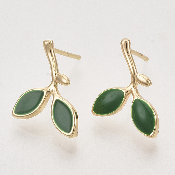 

PandaHall Brass Enamel Stud Earring Findings, with Loop, Branch and Leaves, Nickel Free, Real 18K Gold Plated, 17.5x11.5mm, Hole: 0.9mm, Pin..., Green