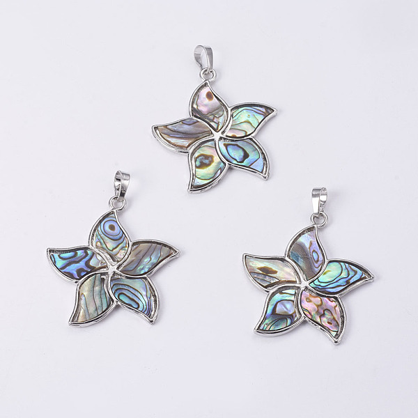 

PandaHall Abalone Shell/Paua Shell Pendants, with Platinum Tone Brass Bail, Flower, 41~41.5x38x2~3mm, Hole: 5x8mm Paua Shell Flower