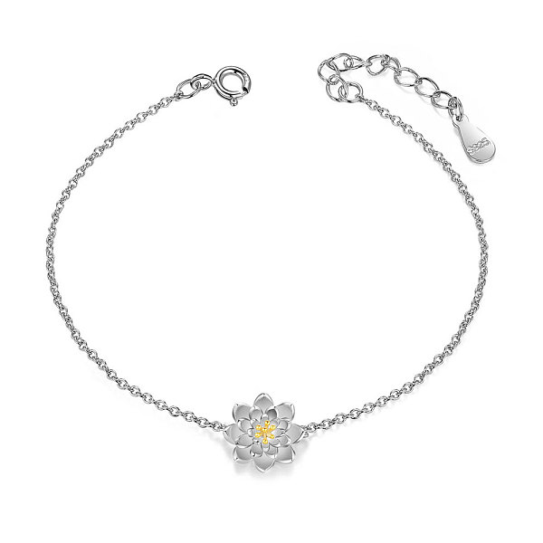 PandaHall SHEGRACE 925 Sterling Silver Link Bracelet, with Golden Tone Lotus Flower, Mixed Color, 136mm(5-3/8 inch) Sterling Silver