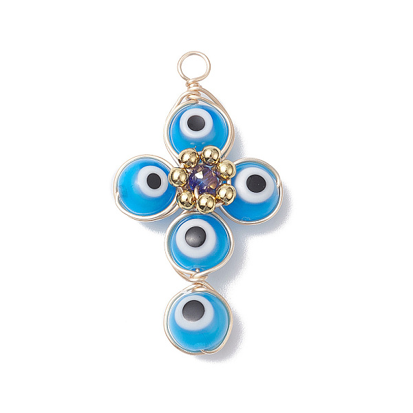 

PandaHall Brass Wire Wrapped Handmade Evil Eye Lampwork Pendants, with Glass Beads, Cross Charm, Dodger Blue, 40x24x8.5mm, Hole: 3mm...