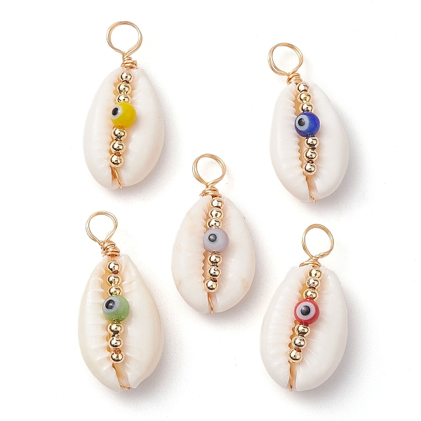 

PandaHall Natural Cowrie Shell Pendants, Handmade Lampwork & Brass Bead Copper Wire Wrapped Shell Shape Charms, Real 18K Gold Plated, Mixed..., Multicolor