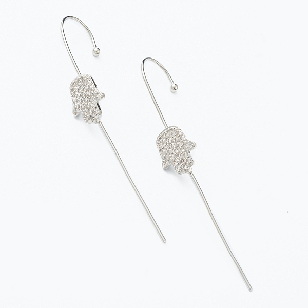 

PandaHall Brass Micro Pave Clear Cubic Zirconia Ear Wrap Crawler Hook Earrings, Hamsa Hand/Hand of Fatima/Hand of Miriam, Platinum, 57x9mm...