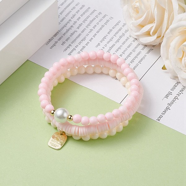 

PandaHall 3Pcs Handmade Polymer Clay Heishi Surfer Stretch Bracelets Set with Glass Pearl, Preppy Bracelets with Alloy Word Charms for Women..., Pink