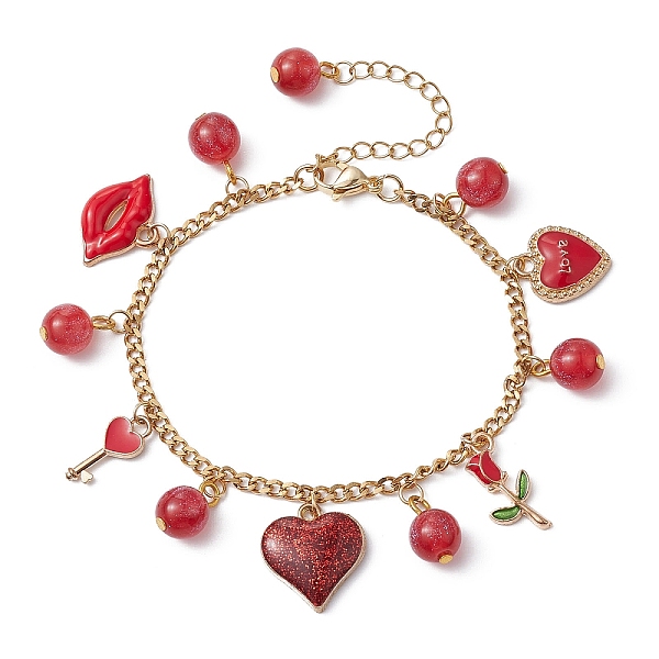

PandaHall Valentine's Day Alloy Enamel & Resin Charm Bracelet, Heart & Rose & Lip Bracelets with 304 Stainless Steel Chains, Red, 7-3/8 inch...