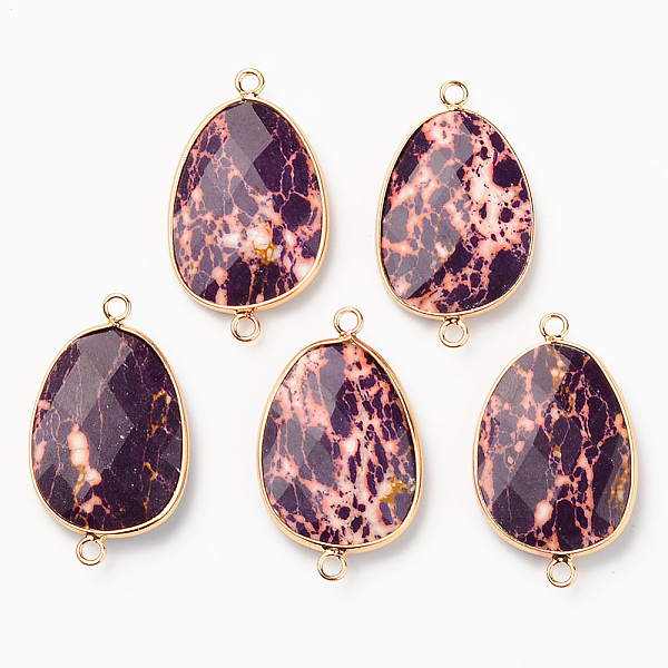 

PandaHall Natural Dyed Regalite/Imperial Jasper/Sea Sediment Jasper Links, with Light Gold Plated Edge Brass Loops, Faceted, Oval, Purple...
