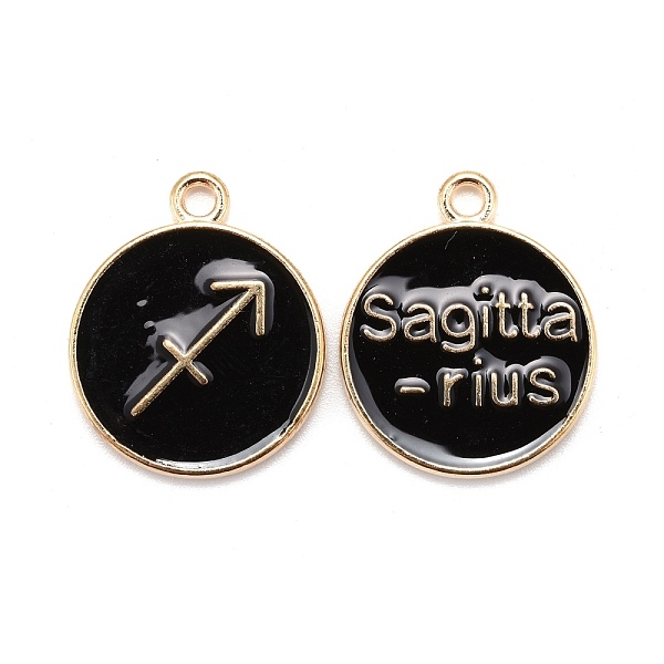 

PandaHall Alloy Enamel Pendants, Cadmium Free & Lead Free, Flat Round with Constellation, Light Gold, Black, Sagittarius, 22x18x2mm, Hole...