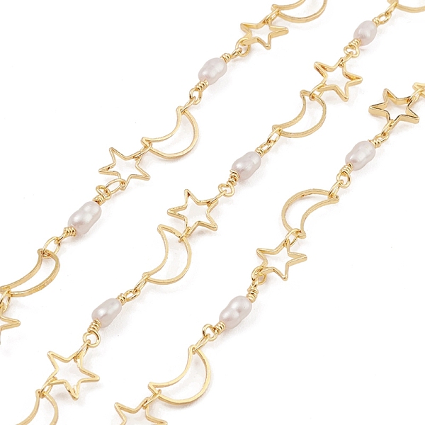 

PandaHall Brass Hollow Moon & Star Link Chains, with ABS Plastic Pearl Beaded, Unwelded, with Spool, Real 18K Gold Plated, 12.5x6x0.5mm...