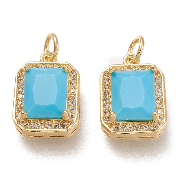 

PandaHall Brass Glass Charms, with Micro Pave Clear Cubic Zirconia and Jump Ring, Rectangle, Real 18K Gold Plated, Deep Sky Blue...