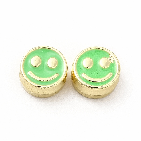 

PandaHall Rack Plating Alloy Enamel Beads, Cadmium Free & Nickel Free & Lead Free, Flat Round with Smiling Face Pattern, Light Gold, Spring...
