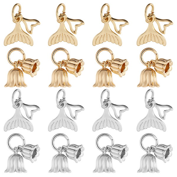 

PandaHall SUPERFINDINGS 16Pcs 4 Styles Rack Plating Brass Pendants, Long-Lasting Plated, with Jump Ring, Fishtail & Flower Charms, Mixed...