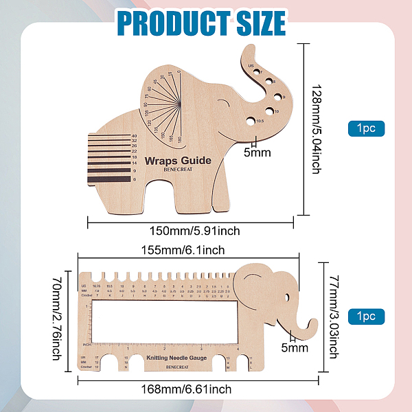 Benecreat 1 セット ゾウ型木製編み針ゲージ & 糸巻きガイドボード