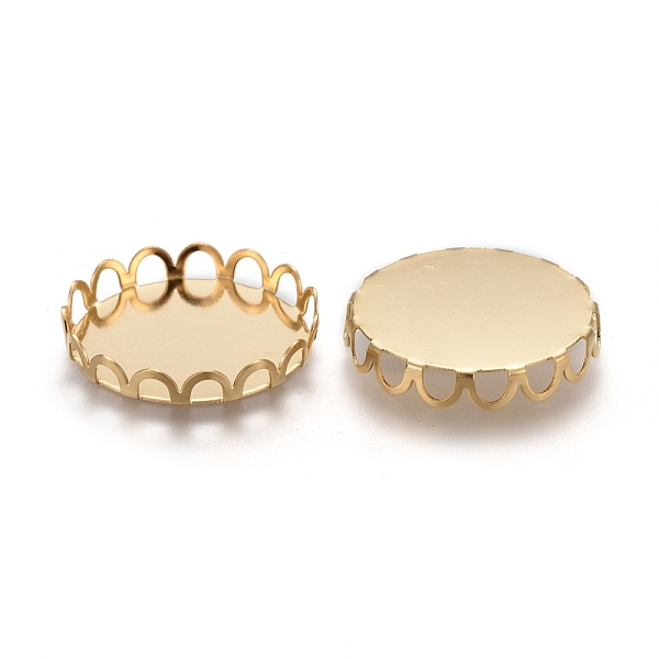 

PandaHall 304 Stainless Steel Cabochon Settings, Lace Edge Bezel Cups, Flat Round, Golden, Tray: 18mm, 19x3mm 304 Stainless Steel Flat Round