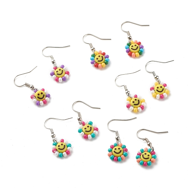 

PandaHall Smiling Face Dangle Earrings, Glass Seed Beads Drop Earrings for Women, Mixed Color, 30mm, Pin: 0.6mm Glass Multicolor