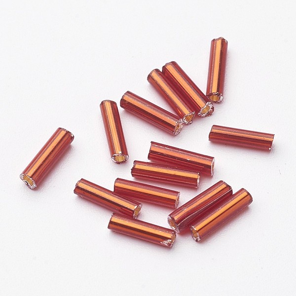 

PandaHall Glass Bugle Beads, Silver Lined, Indian Red, 6~8x1.8mm, Hole: 0.6mm, 1250pcs/50g Glass Red