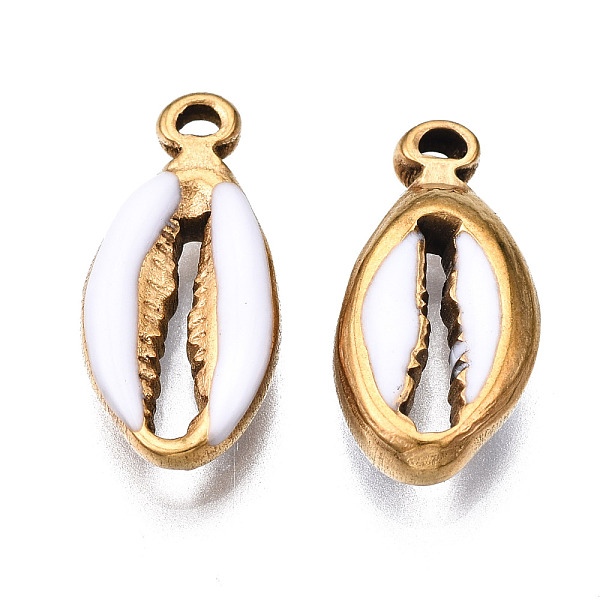 

PandaHall 304 Stainless Steel Pendants, with Enamel, Spiral Shell, Golden, White, 17x8x3.5mm, Hole: 1mm Stainless Steel+Enamel Shell Shape...