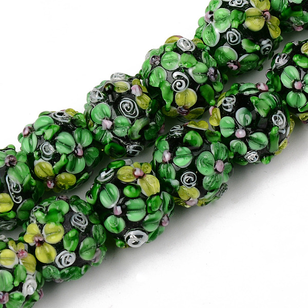 

PandaHall Handmade Lampwork Beads Strands, Bumpy, Round with Flower, Medium Sea Green, 15~17.5x13~16mm, Hole: 0.9~1.2mm, about 30pcs/strand...