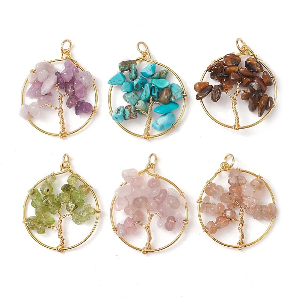 

PandaHall 6Pcs 6 Styles Natural Mixed Gemstone Chip Pendants, Golden Plated Brass Tree of Life Charms, 28x24~25x4~5mm, Hole: 3.3mm...