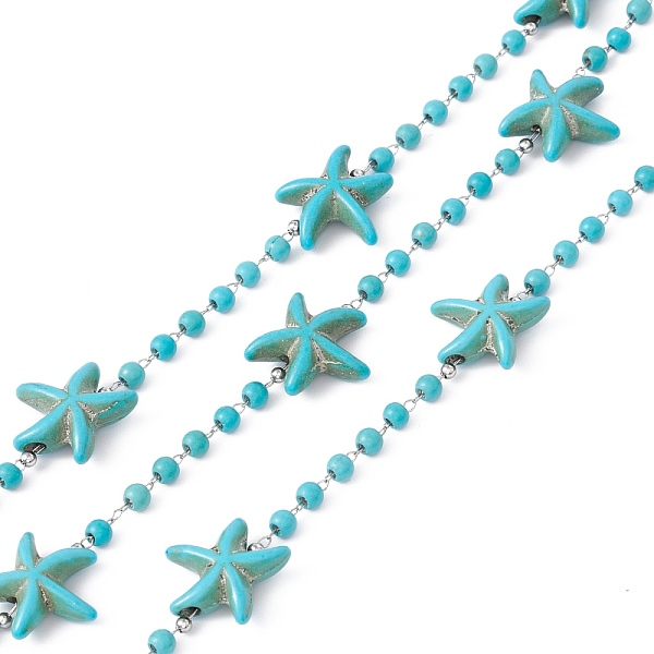 

PandaHall Handmade Synthetic Turquoise Starfish & Round Beaded Chains, 304 Stainless Steel Cable Chains, Soldered, with Spool, Turquoise..., Green