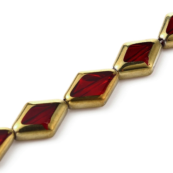 

PandaHall Golden Plated Glass Beads Strands, Rhombus, Dark Red, 15x10x4mm, Hole: 0.9mm, about 22Pcs/strand, 12.20 inch(31cm) Glass Rhombus