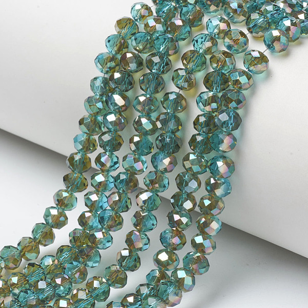 

PandaHall Electroplate Glass Beads Strands, Half Plated, Rainbow Plated, Faceted, Rondelle, Medium Turquoise, 6x5mm, Hole: 1mm, about..., Cyan