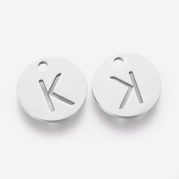 

PandaHall 201 Stainless Steel Charms, Flat Round with Letter, Stainless Steel Color, Letter.K, 12x1mm, Hole: 1.5mm 201 Stainless Steel...
